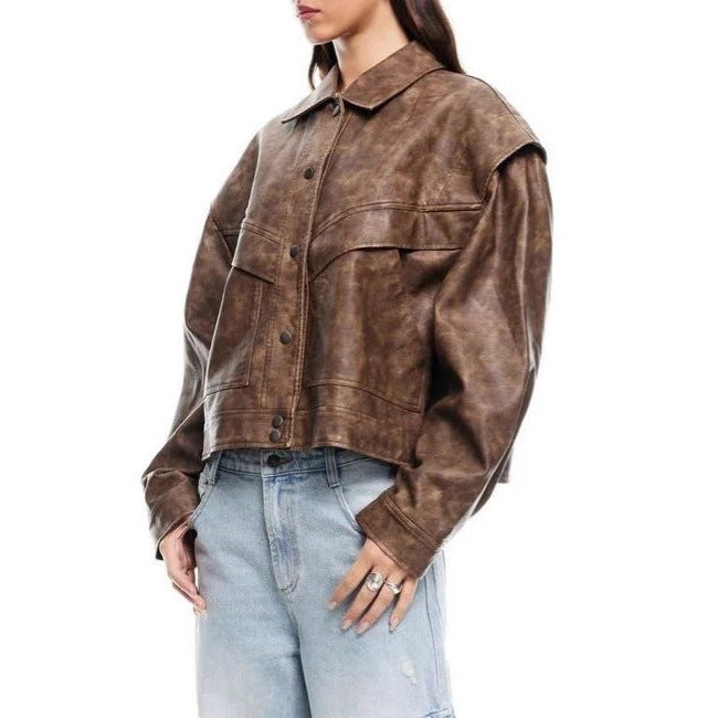 Women's Fashion Faux Leather Jacket with Oversized Cut