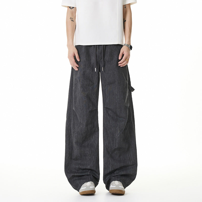 Damen Weite Leinenoptik Cargo-Bundhose mit Tunnelzug, Knieabnähern und asymmetrischer Seitentasche Mune Fashion