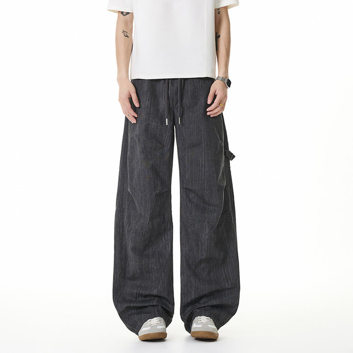 Damen Weite Leinenoptik Cargo-Bundhose mit Tunnelzug, Knieabnähern und asymmetrischer Seitentasche Mune Fashion