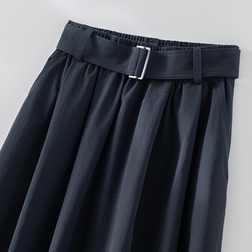 Women's Mid-length A-line Skirt with High Waist, Pleats and Waist Belt Mune Fashion