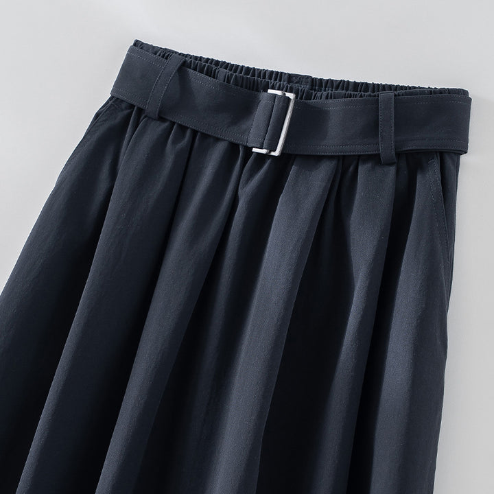 Women's Mid-length A-line Skirt with High Waist, Pleats and Waist Belt Mune Fashion