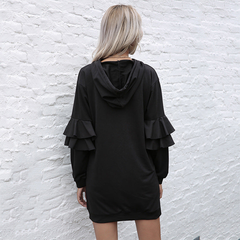 Women Oversize Hooded Dress with Two-Tier Ruffled Sleeves and Side Pocket Mune Fashion