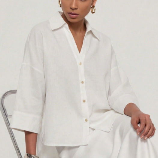 Women's Lightweight Oversized Linen Look Blouse with Three-Quarter Sleeves and Full Button Placket Mune Fashion