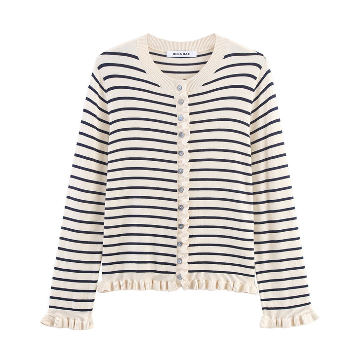 Ladies' Fine Knit Cardigan with Ruffle Trim and Pearl Buttons Mune Fashion