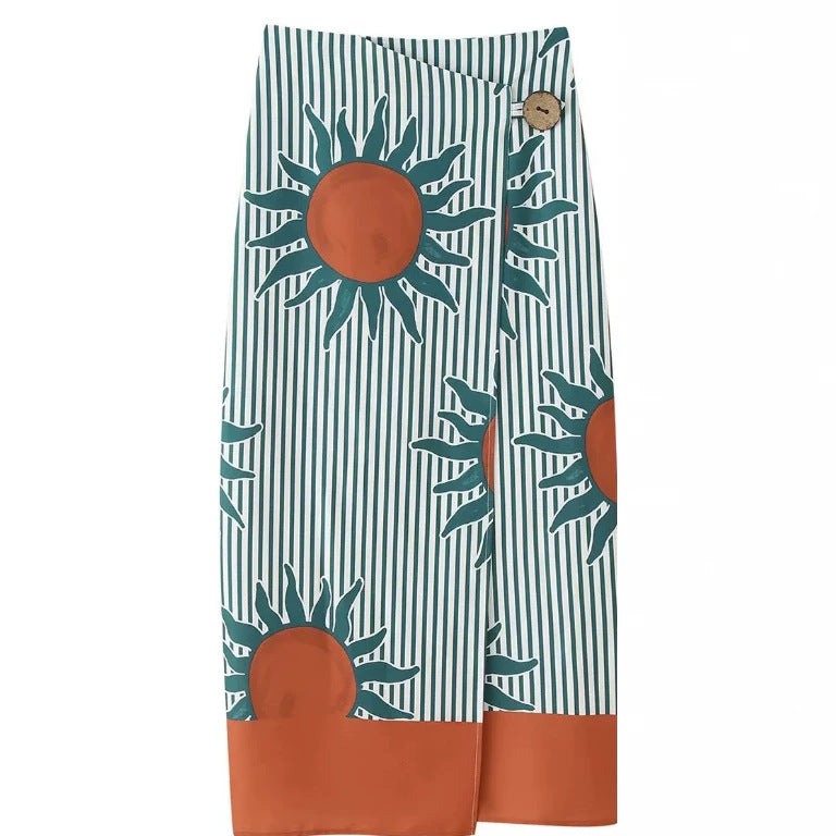Women's Midi Skirt Wrap Skirt with Sun Print, Vertical Stripes and Button Closure Mune Fashion