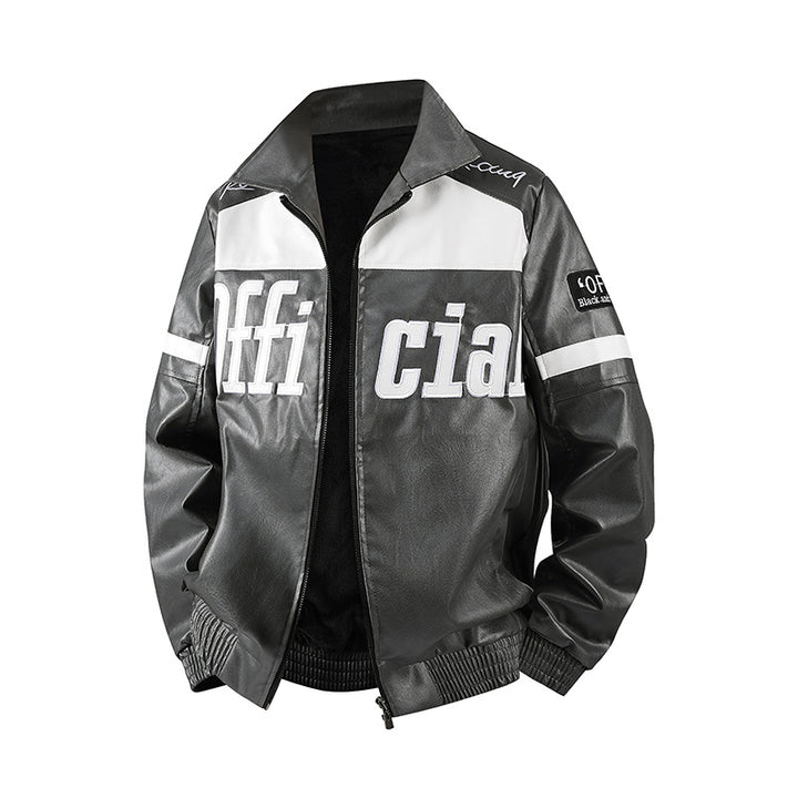 Men's Stylish Faux Leather Jacket with Symbol Design Mune Fashion