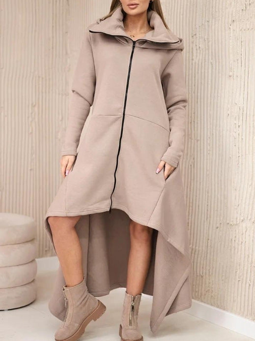Women's nan asymmetrical sweatshirt dress with high stand-up collar, full-length zipper and extended back hem Mune Fashion
