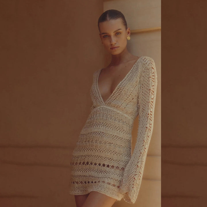 Ladies crochet dress with deep V-neck and long sleeves Mune Fashion
