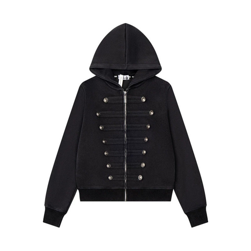 Women’s Hooded Sweat Jacket with Military Button Decoration and Full-Length Zipper Mune Fashion