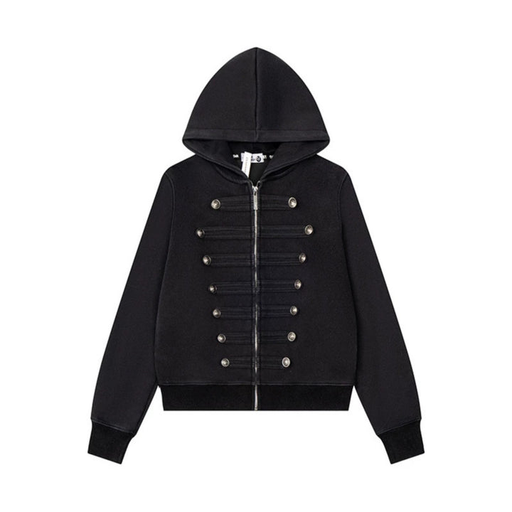 Women’s Hooded Sweat Jacket with Military Button Decoration and Full-Length Zipper Mune Fashion