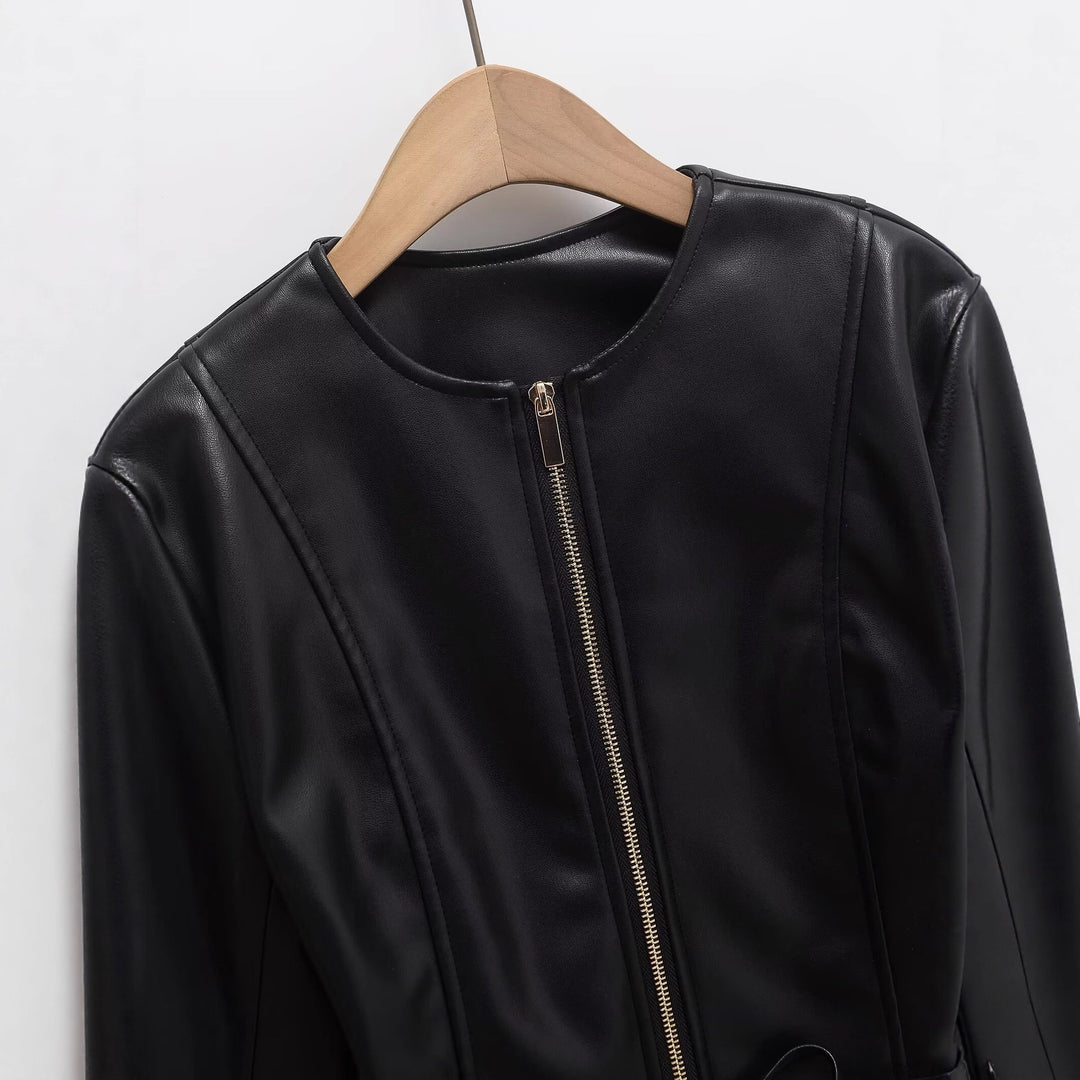 Women's Collarless Faux Leather Jacket with Zipper and Waistband Mune Fashion
