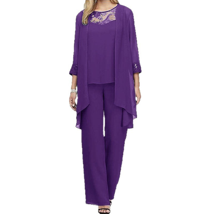 Women's flowing chiffon evening ensemble with lace trim, kimono cardigan and wide palazzo pants Mune Fashion