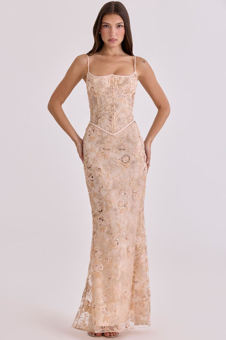 Ladies embroidered corset evening dress with transparent lace and figure-hugging silhouette Mune Fashion