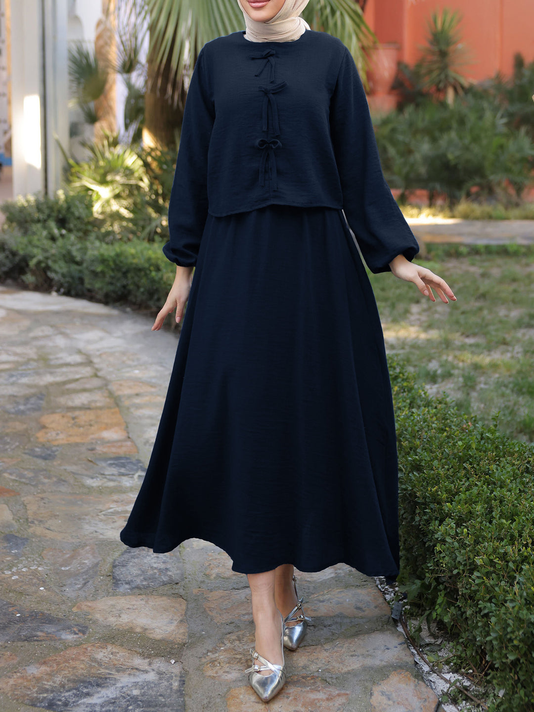 Ladies Long Two-Piece Maxi Dress with Overlay, Round Neck and Decorative Knot