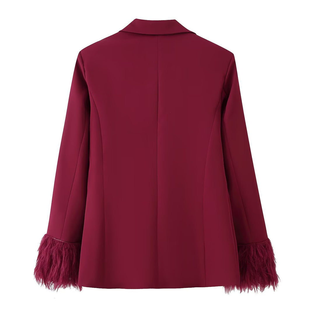 Women's Two-Piece Suit Set with Feather Trim on Sleeves and Wide Marlene Pants Mune Fashion
