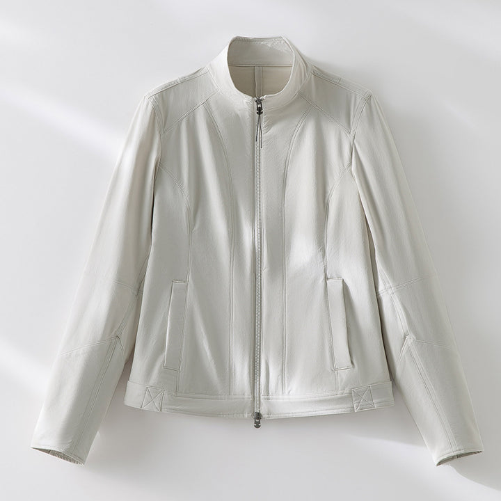 Ladies simple fitted leather jacket with stand-up collar and two-way zipper Mune Fashion