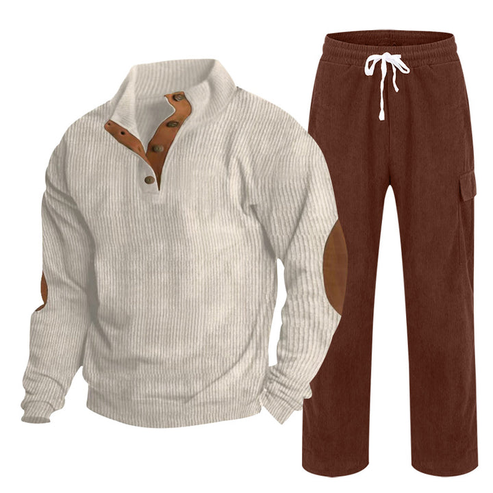 Men's Cozy Leisure Set made of Waffle Knit Henley with Elbow Patch and Relax Cargo Pants Mune Fashion