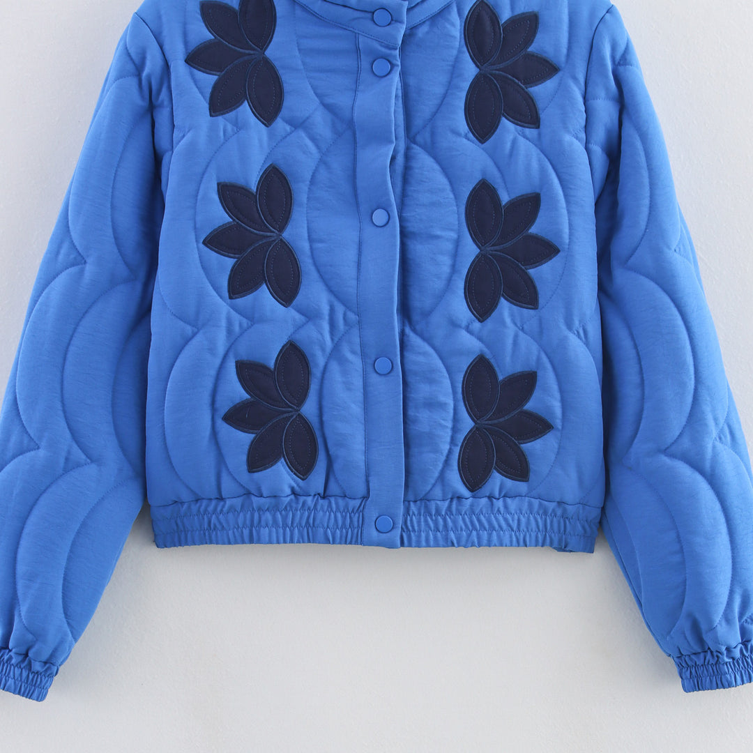 Women's Quilted Short Jacket with Floral Quilting and Stand Collar Mune Fashion