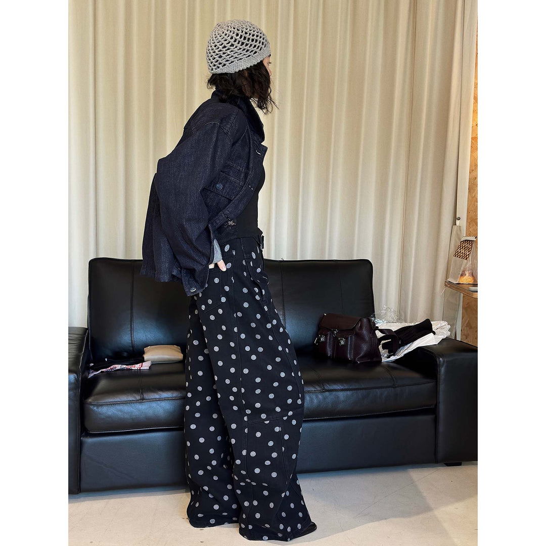 Women Wide High-Waisted Jeans Pants with Polka Dot Pattern and Wide Leg Mune Fashion