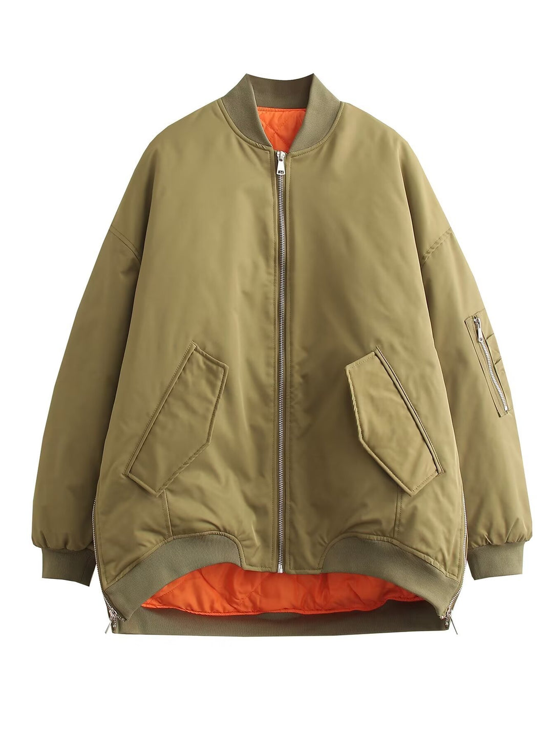 Women's oversized bomber jacket with padded contrast lining, sleeve zipper, and extended hem Mune Fashion