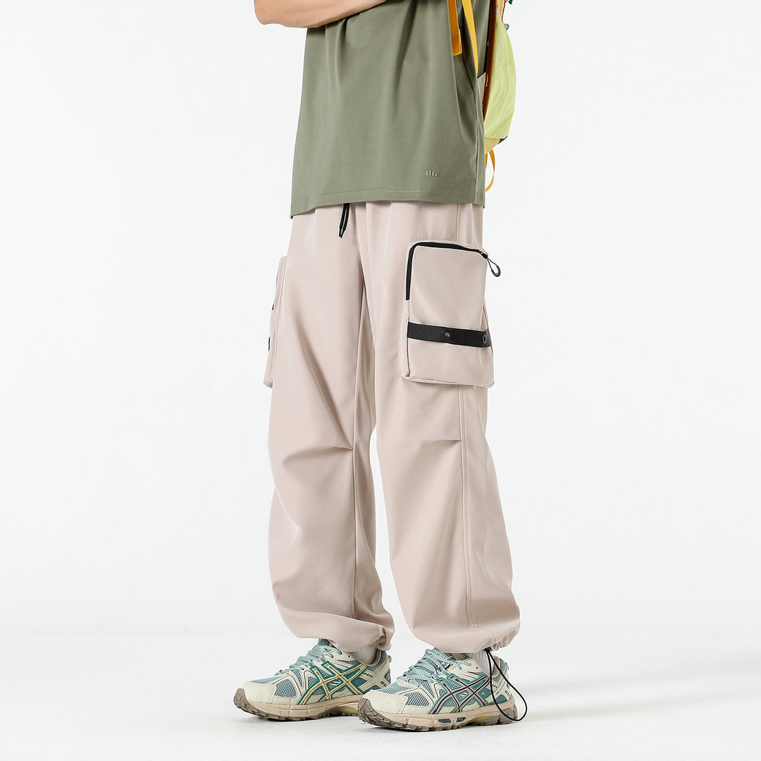 Men's Wide Utility Cargo Pants with Oversized Flap Pockets and Drawstring Waist Drune