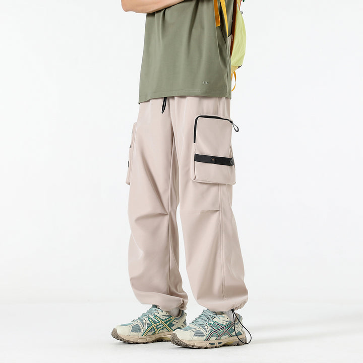 Men's Wide Utility Cargo Pants with Oversized Flap Pockets and Drawstring Waist Drune