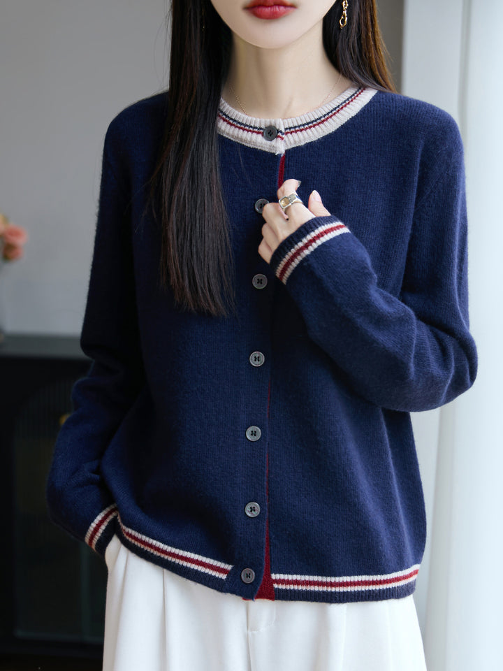 Women's Loose Fine Knit Cardigan with Contrast Stripes on Collar and Cuffs Mune Fashion