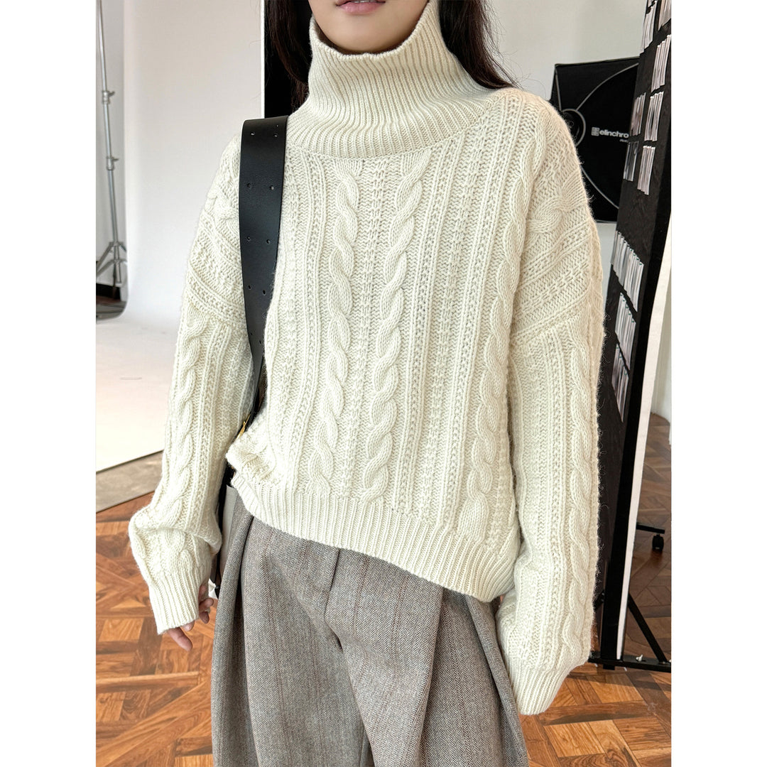 Women Chunky Knit Turtleneck Sweater with Cable Pattern and Relaxed Fit Mune Fashion