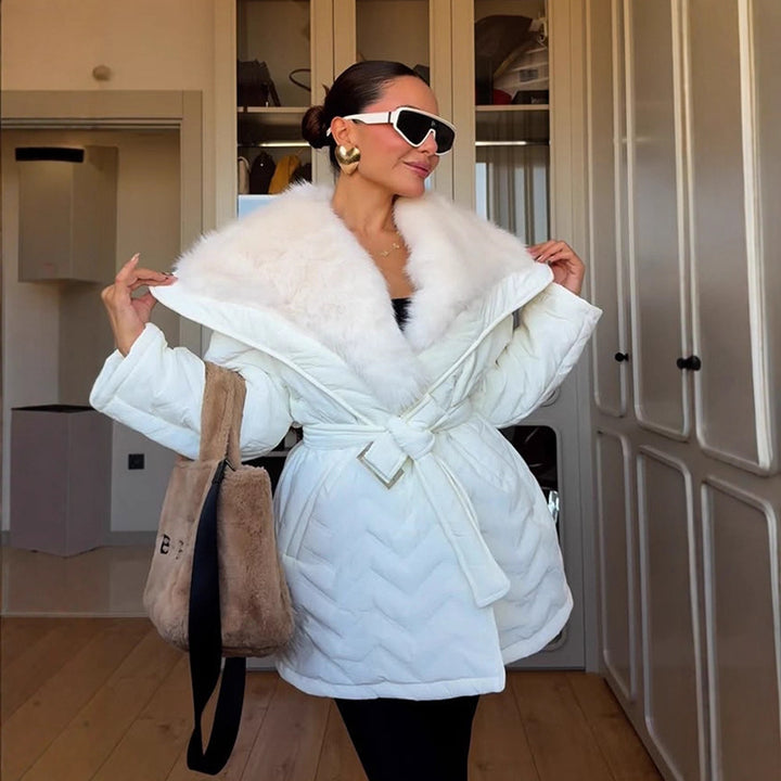 Ladies Shiny Padded Jacket with Waist Belt and Voluminous Faux Fur Collar Mune Fashion
