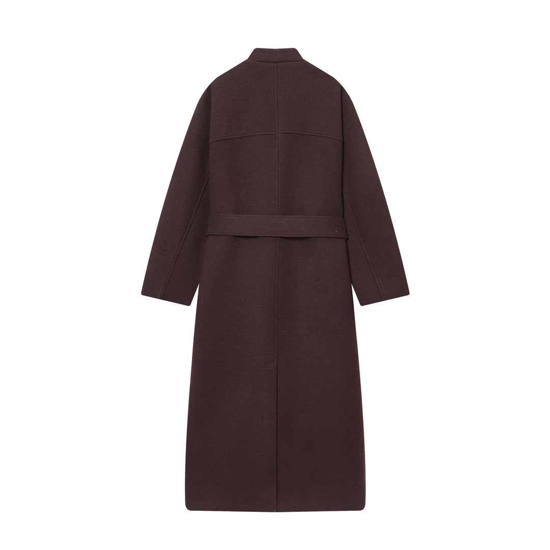 Women's long wool coat with stand-up collar, press button placket, tie belt and patch pockets Mune Fashion