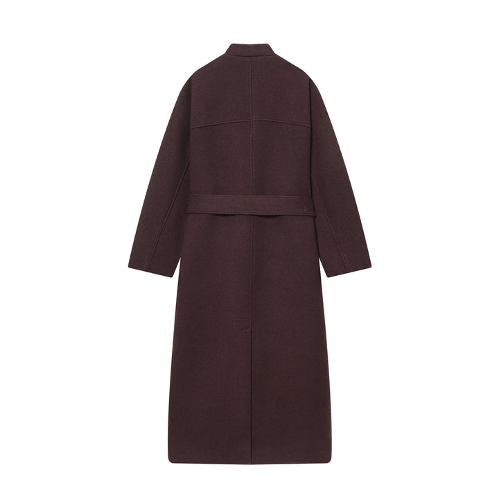 Women's long wool coat with stand-up collar, press button placket, tie belt and patch pockets Mune Fashion