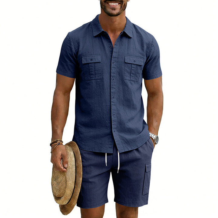Men's summer leisure set made of cotton-linen blend with short-sleeve shirt and cargo shorts Mune Fashion