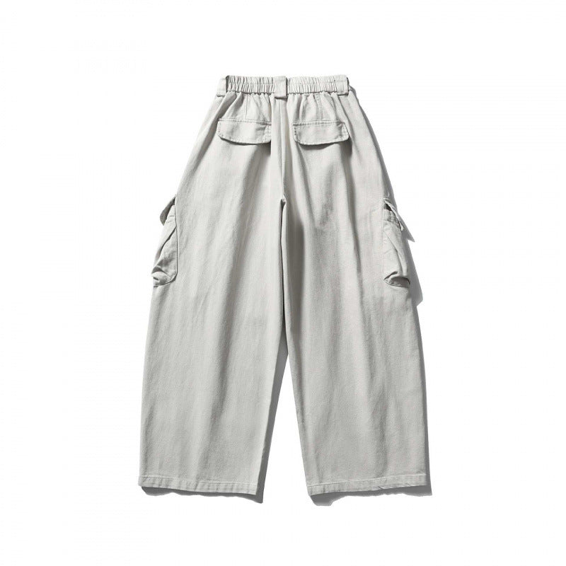 Unisex Wide Cargo Cropped Pants with High Elastic Waistband, Multiple Pockets and Drawstring Mune Fashion