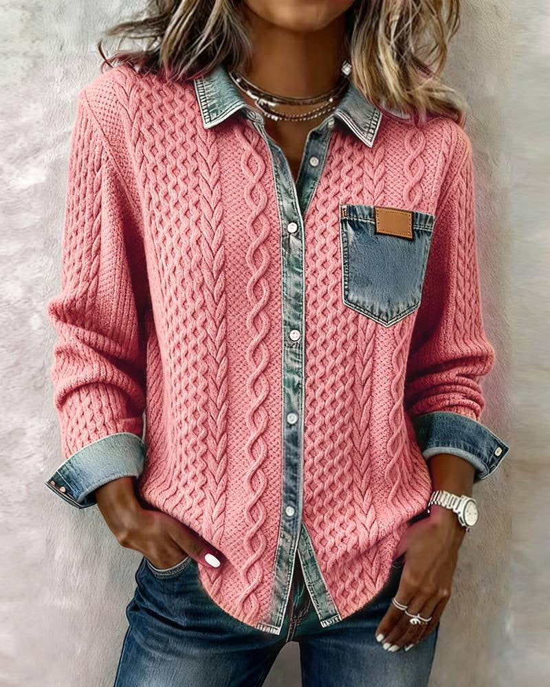 Women's braided knit sweater with integrated denim collar and chest pocket Mune Fashion