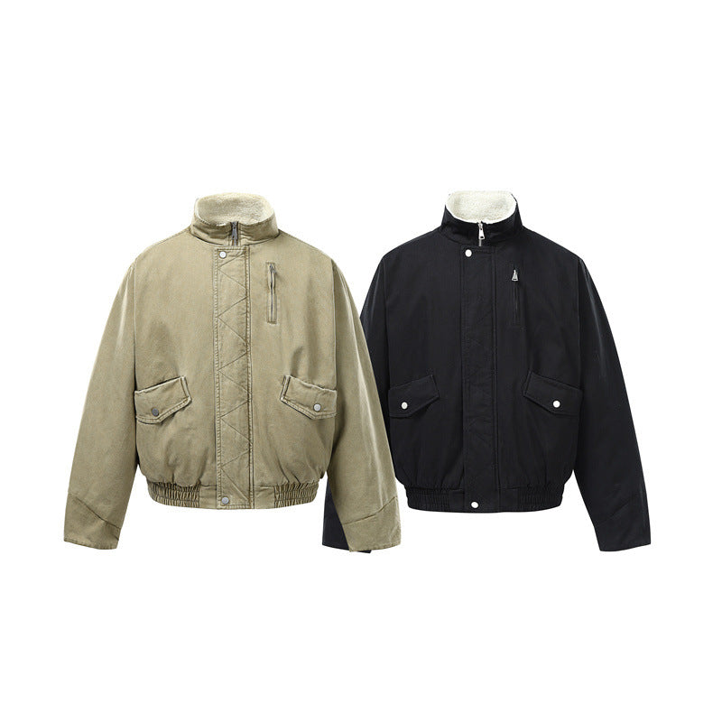 Men's Short Boxy Utility Bomber Jacket made of Canvas with Quilted Front Yoke and Stand-Up Collar Mune Fashion