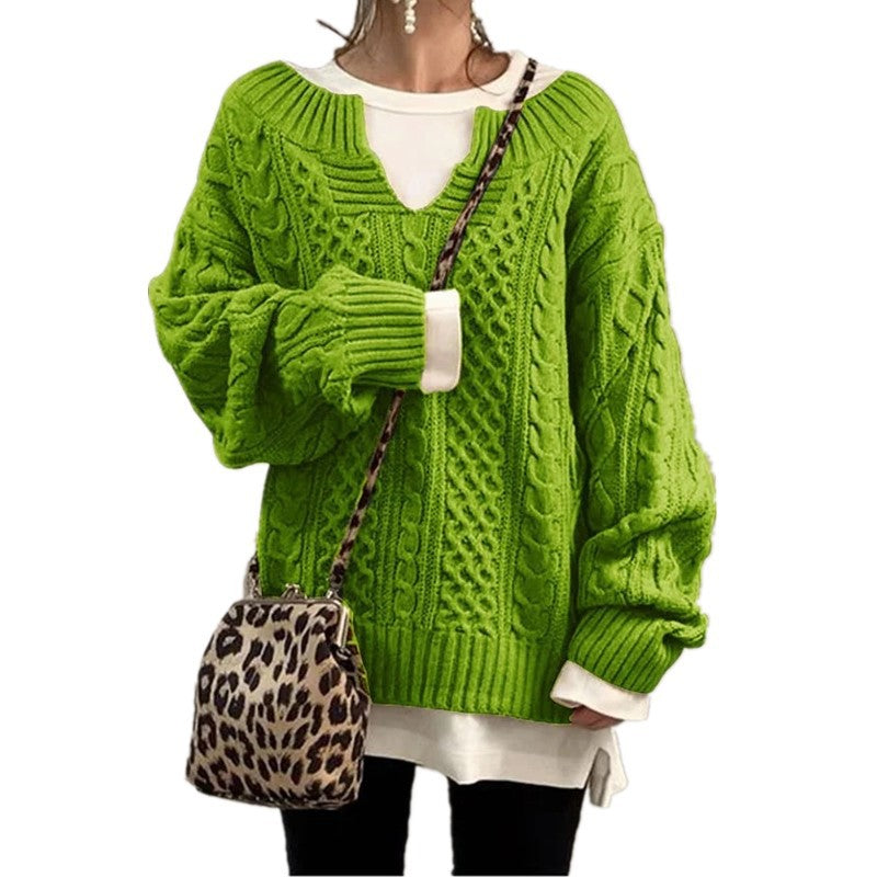 Women's oversized knitted sweater with cable pattern and V-neck Mune Fashion