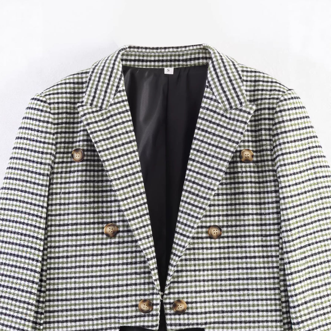 Women's Check Blazer with Asymmetrical Cropped Front and Wooden Buttons Mune Fashion