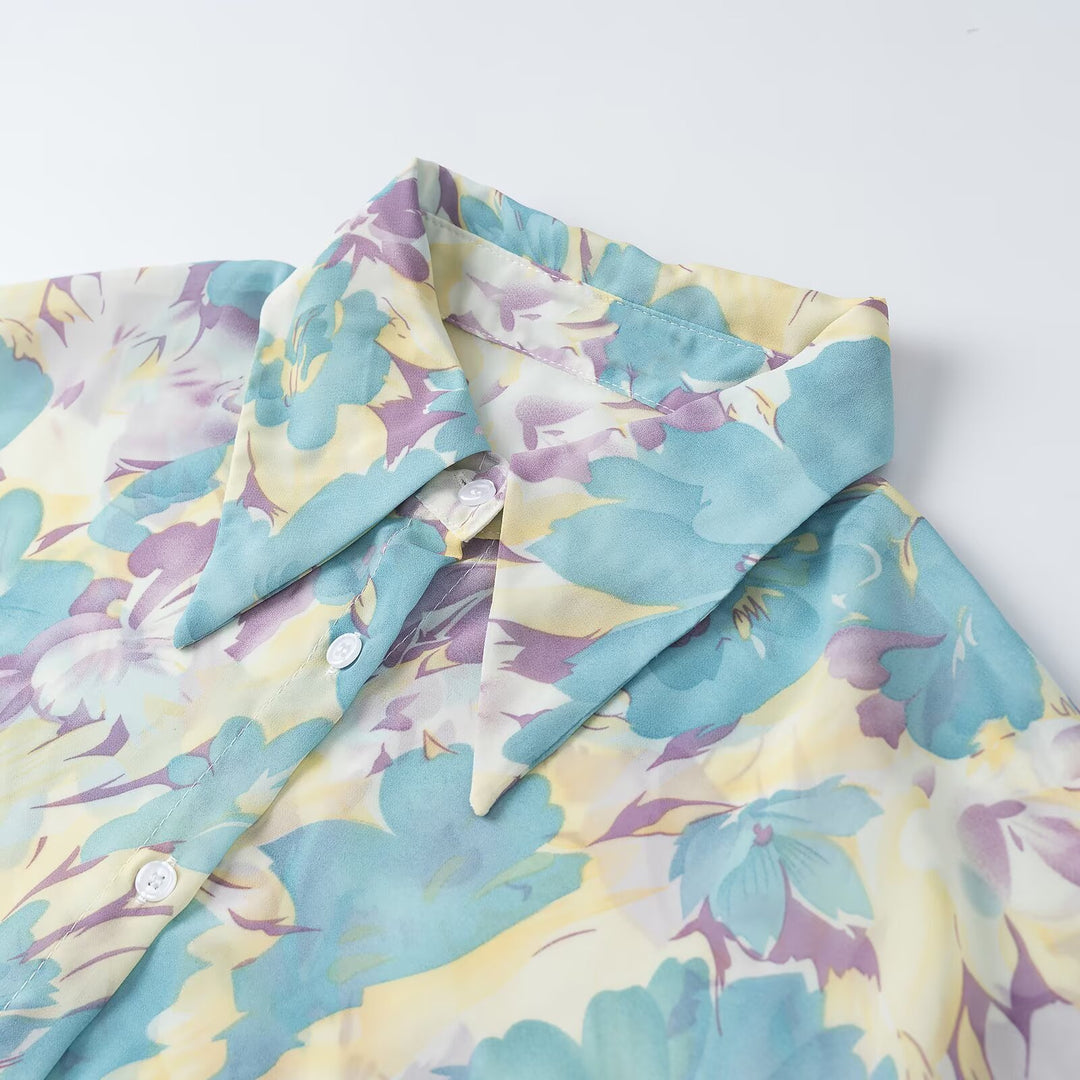 Women's floral print chiffon blouse with wide balloon sleeves and shirt collar Mune Fashion