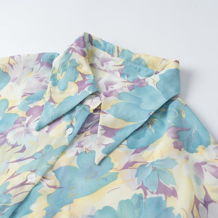Women's floral print chiffon blouse with wide balloon sleeves and shirt collar Mune Fashion