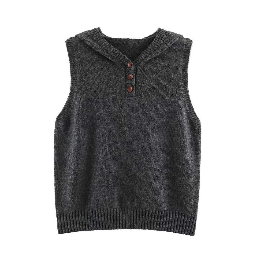 Women's fine knit vest with hood, button placket, and ribbed waistband Mune Fashion