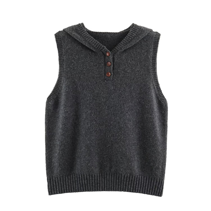 Women's fine knit vest with hood, button placket, and ribbed waistband Mune Fashion