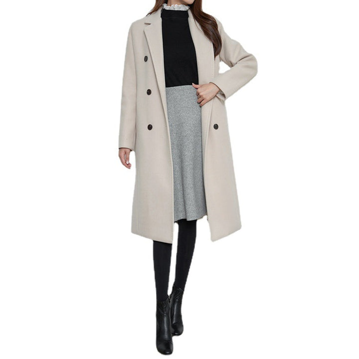 Women Long Cut Wool Blend Coat in Minimalist Double-Breasted with Deep Lapel Mune Fashion
