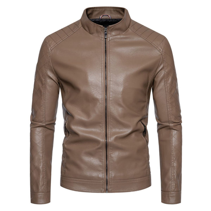 Men's fitted faux leather biker jacket with stand-up collar and quilted sleeve detail Mune Fashion