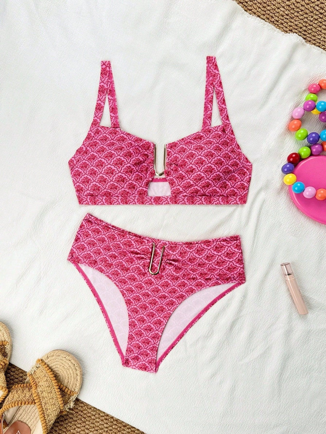 Women's Sporty Bikini with Floral Patterns and Metallic Accents Mune Fashion
