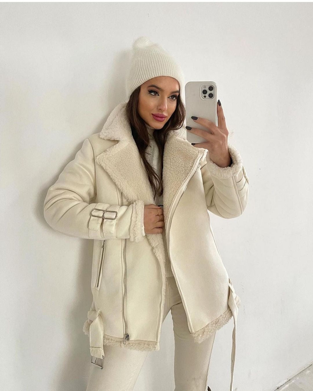 Women Oversized Faux Leather Pilot Jacket with Teddy Fur Lining and Buckles Mune Fashion