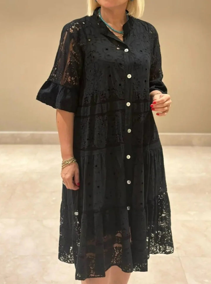 Women's romantic midi dress with broderie anglaise, buttoned top, stand-up collar, half-length flounce sleeves, and tiered hem Mune Fashion