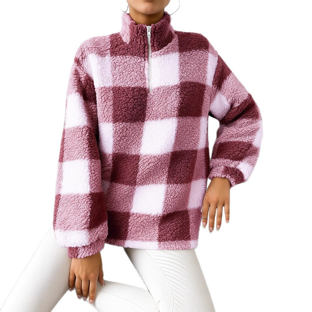 Ladies checked teddy fleece pullover with stand-up collar and half-height zipper Mune Fashion