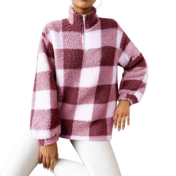 Ladies checked teddy fleece pullover with stand-up collar and half-height zipper Mune Fashion