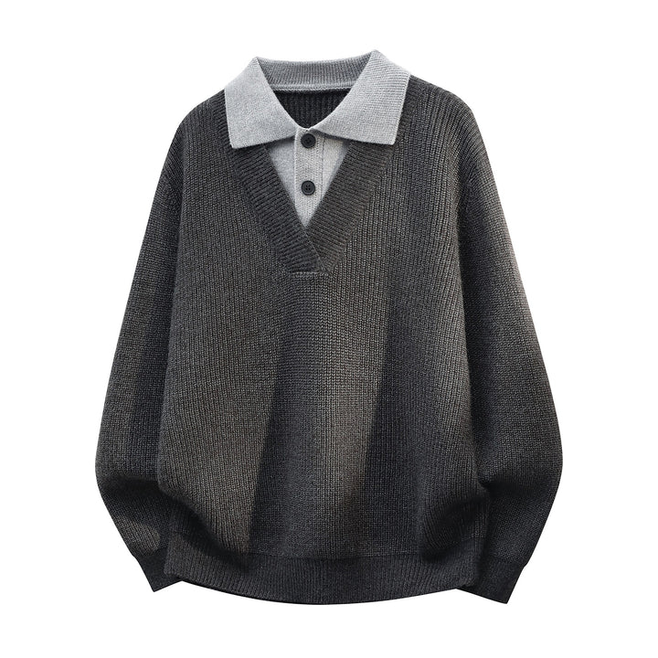 Men's chunky knit pullover with deep V-neck and contrasting polo collar Mune Fashion