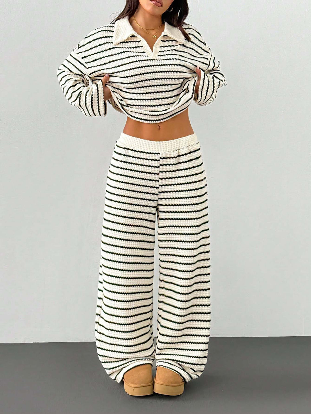 Women's Knitted Loungewear Set with Polo V Neck, Bell Sleeves, and Wide High-Cut Trouser Leg Mune Fashion